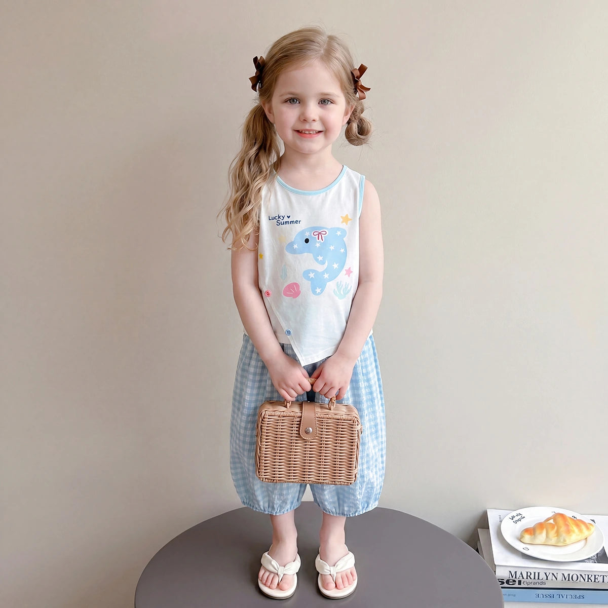 Girls Blue Dolphin Print Sleeveless Top With Checked Crop Pants Sets 2 pc. Sets Blue 1-2 Y