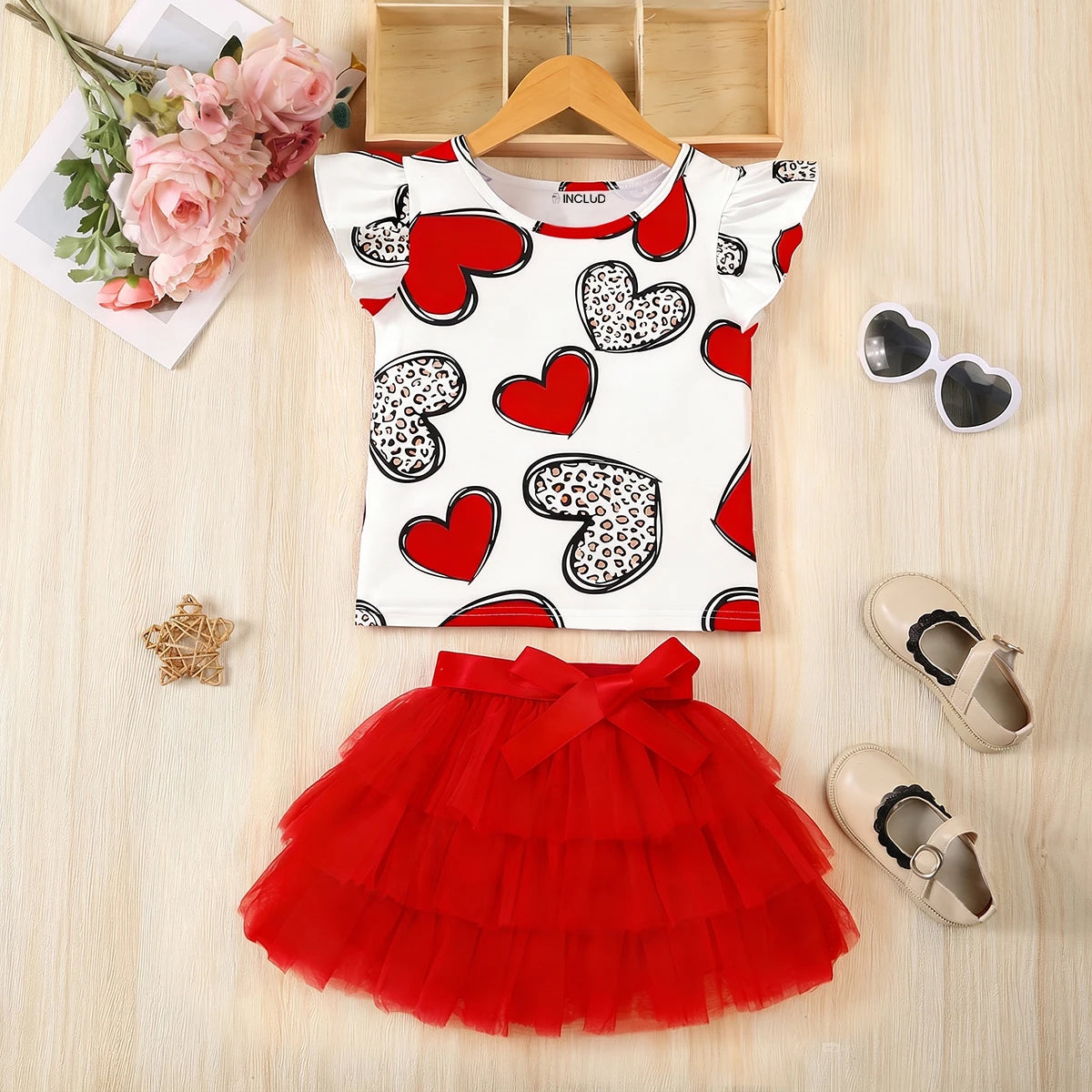 Girls Red Heart Print Flared Sleeve T-Shirt With Skirt Sets 2 pc. Sets Red 3-4 Y
