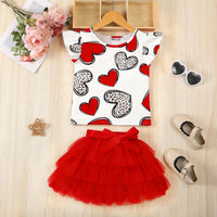 Girls Red Heart Print Flared Sleeve T-Shirt With Skirt Sets 2 pc. Sets Red 3-4 Y