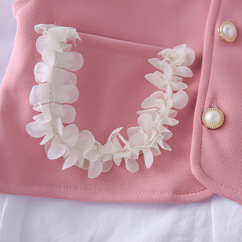 Girls Pink Solid Sleeveless Jacket With Top & Pants Set Sets