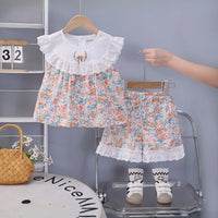 Girls Multicolor Floral Printed Eyelet Ruffle Top With Elasticated Shorts Sets 2 pc. Sets Multicolor 1-2 Y