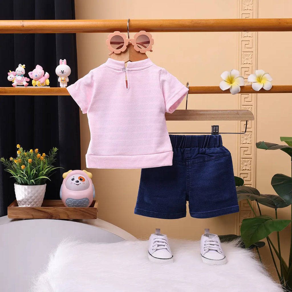 Girls Pink Embroidered Short Sleeve T-Shirt With Denim Shorts Sets 2 pc. Sets