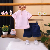 Girls Pink Embroidered Short Sleeve T-Shirt With Denim Shorts Sets 2 pc. Sets