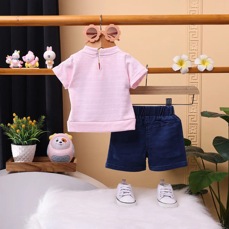 Girls Pink Embroidered Short Sleeve T-Shirt With Denim Shorts Sets 2 pc. Sets