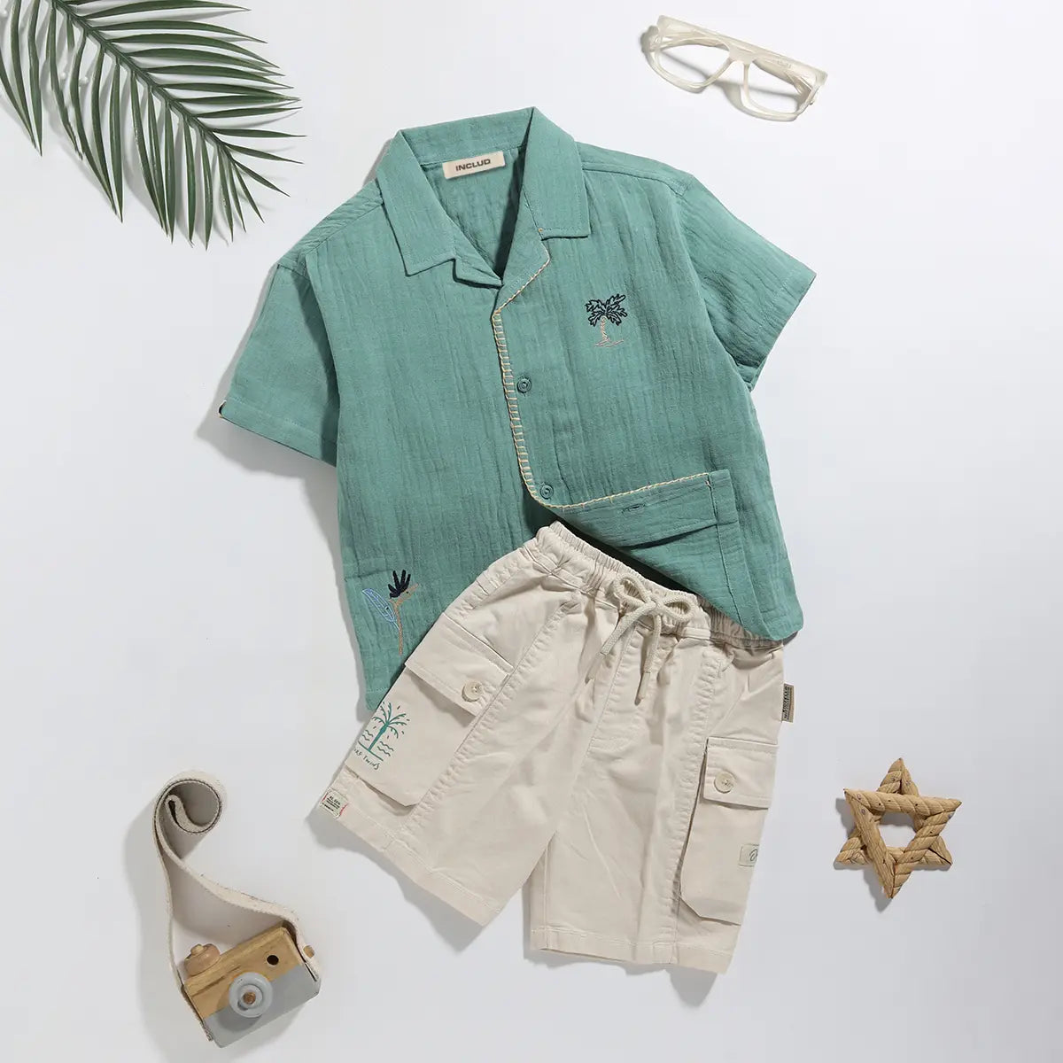 Boys Green Embroidered Shirt With Cargo Pocket Shorts Sets 2 pc. Sets Green 6-12 M
