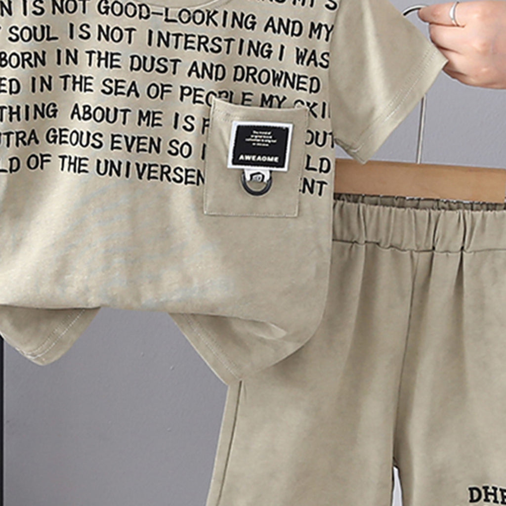 Boys Khaki Typography Printed Front Pocket T-Shirt With Shorts Set 2 pc. Sets