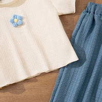 Girls Apricot Flower Applique Short Sleeves Top With Pants Set Sets