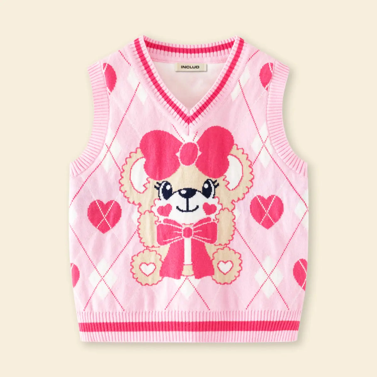 Girls Pink Bear Jacquard Sweater Vest Sweaters & Cardigans