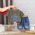 Boys Green Distress Print Star Applique T-Shirt With Denim Shorts Sets Sets Green 1-2 Y