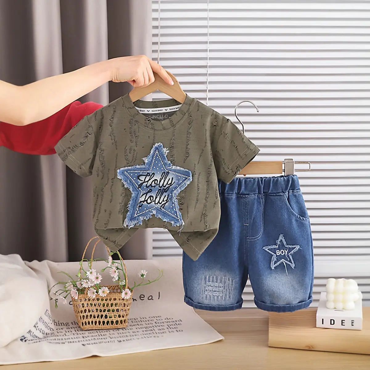 Boys Green Distress Print Star Applique T-Shirt With Denim Shorts Sets Sets Green 1-2 Y