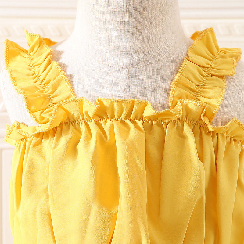 Girls Yellow Shoulder Strap Crop Top With Butterfly Applique Skirt Set 2 pc. Sets