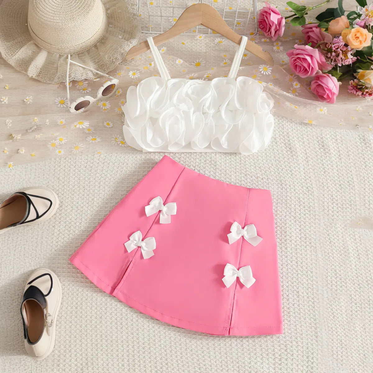 Girls Floral Applique Sleeveless Crop Top With Pink Skirt Sets Sets Pink 2-3 Y