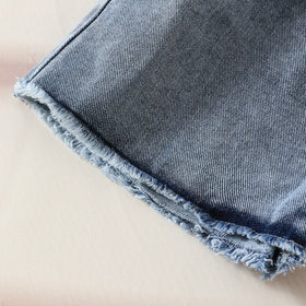 Girls Blue Colorblocked Denim Shorts Shorts