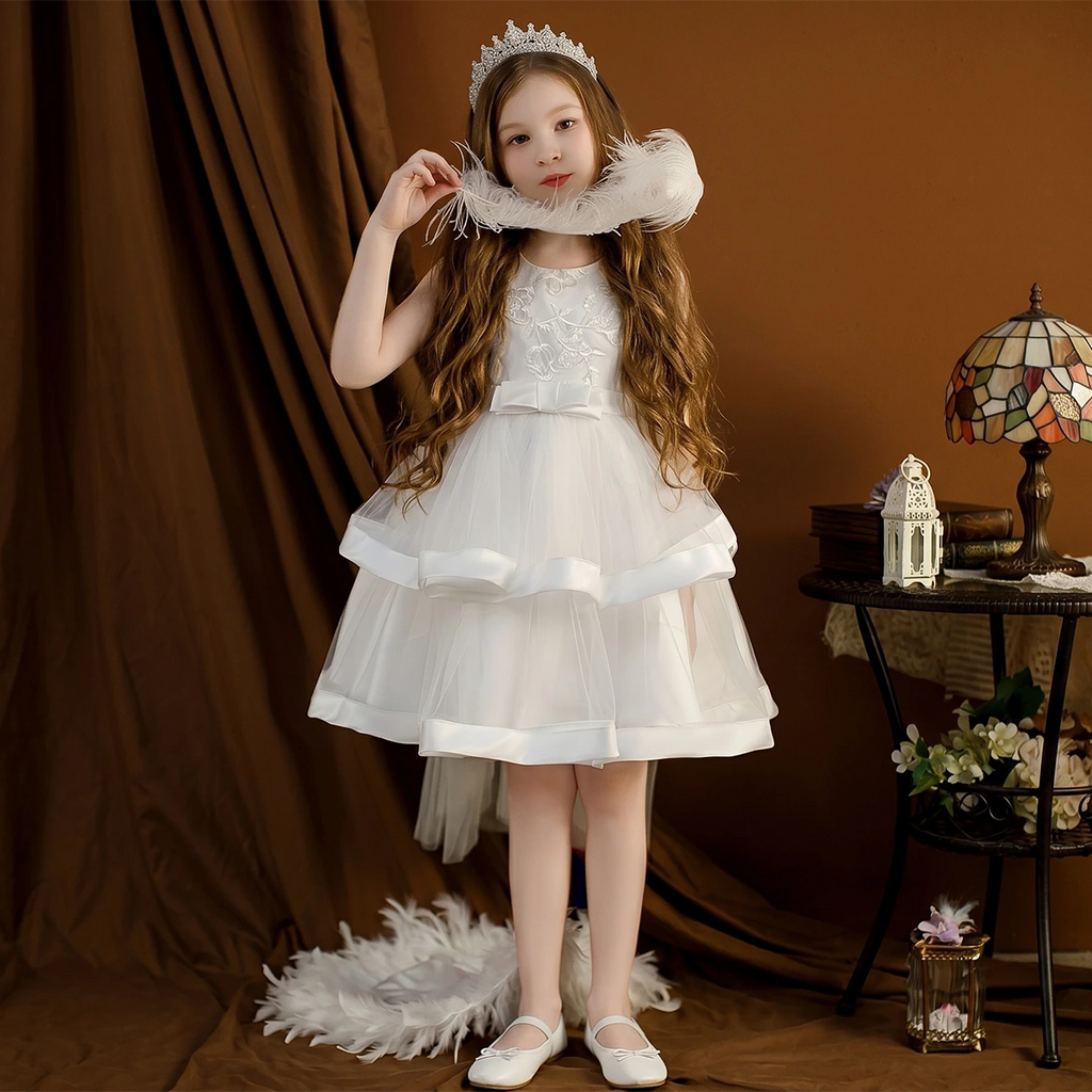 Girls White Embroidered Sleeveless Layered Party Dress With Bow Party Dresses White 2-3 Y