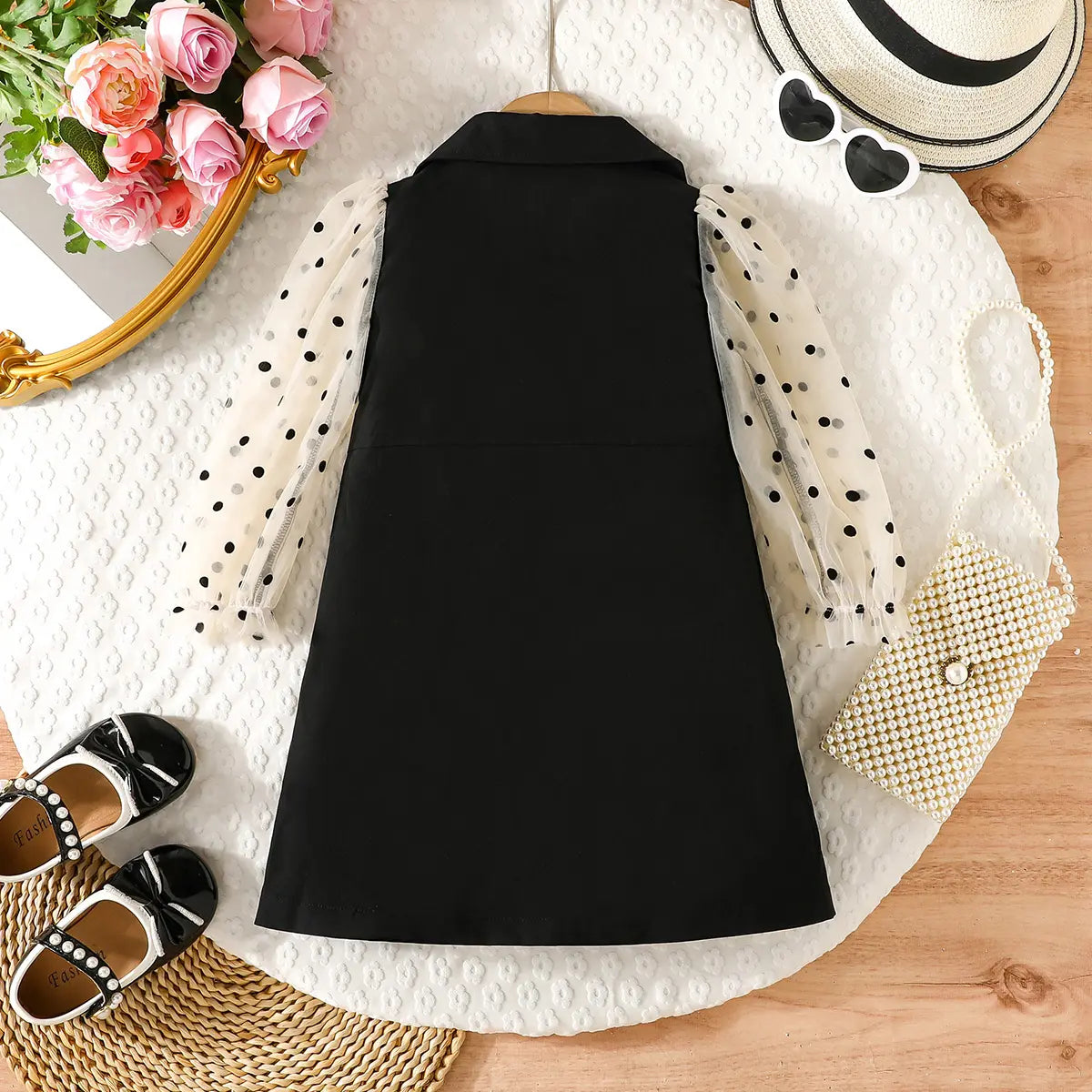 Girls Black Flowers Applique A-line Dress With Polka Dot Printed Puff Sleeves Casual Dresses