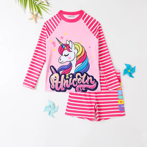 Girls Fuchsia Stripes Unicorn Printed T-Shirt With Shorts Swimwear Set Beachwear Fuchsia 3-4 Y