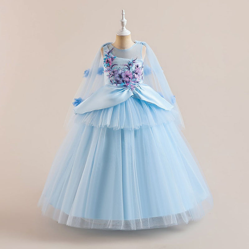 Girls Flower Applique Party Wear Gown Party Dresses Light Blue 6-7 Y 