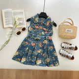 Girls Blue Floral Print Sleeveless Denim Shirt Dress