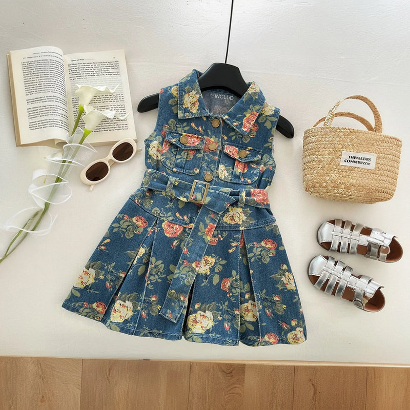 Girls Blue Floral Print Sleeveless Denim Shirt Dress Casual Dresses Blue 1-2 Y