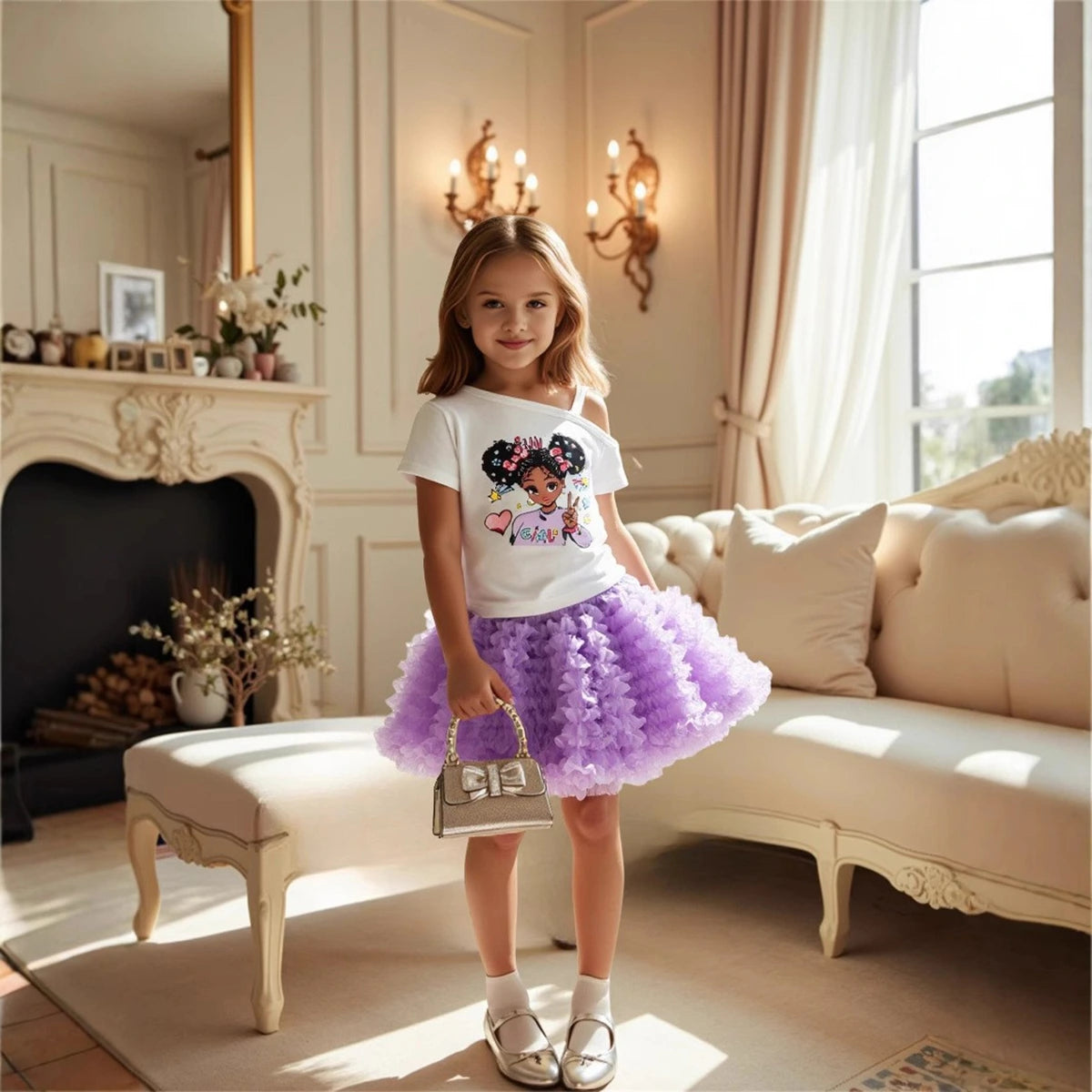 Girls Graphics One Shoulder Top With Purple Tulle Ruffled Skirts Set Sets