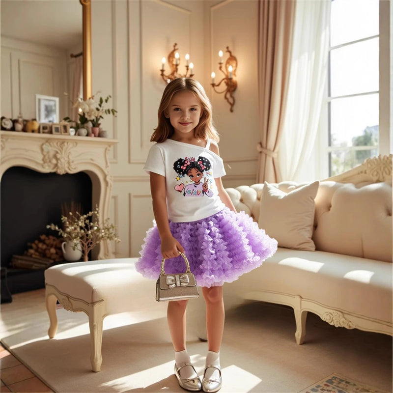 Girls Graphics One Shoulder Top With Purple Tulle Ruffled Skirts Set Sets