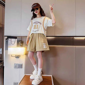 Girls Short Sleeve Typography Print T-Shirt With Shorts Set 2 pc. Sets   