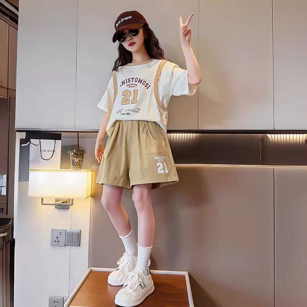 Girls Short Sleeve Typography Print T-Shirt With Shorts Set 2 pc. Sets   