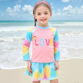 Girls Light Blue Typographic Printed T-Shirt With Skirt Swimwear Sets Sets