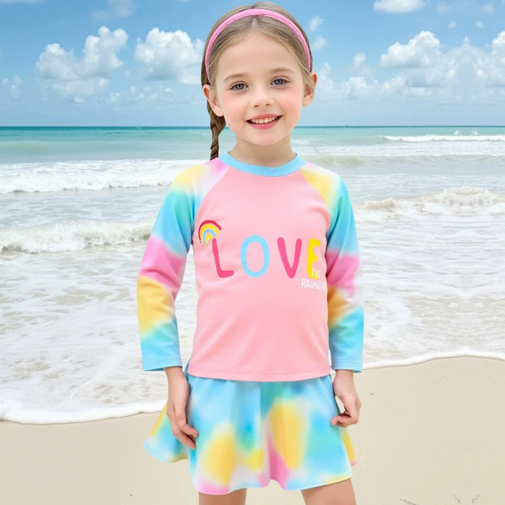 Girls Light Blue Typographic Printed T-Shirt With Skirt Swimwear Sets Sets