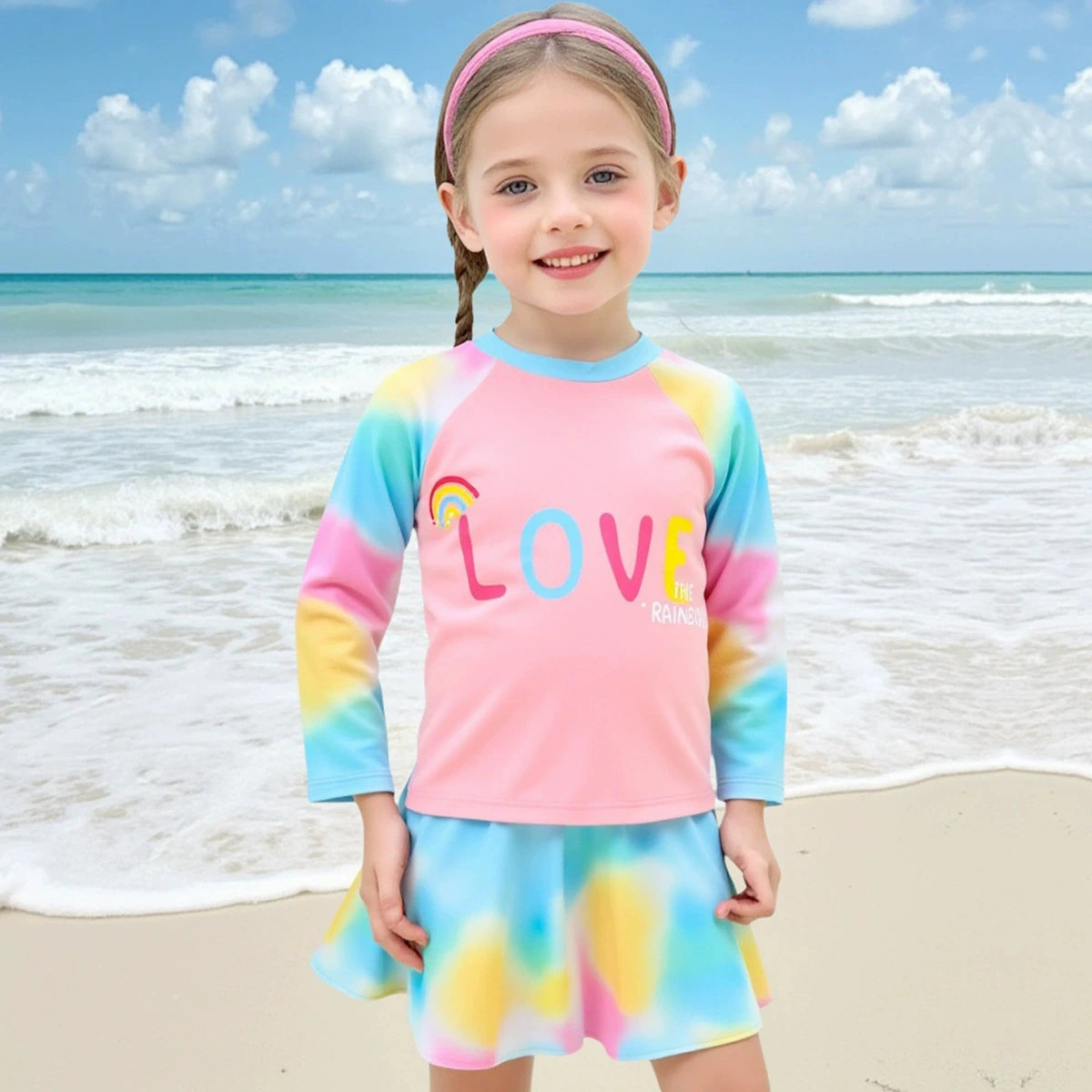 Girls Light Blue Typographic Printed T-Shirt With Skirt Swimwear Sets Sets