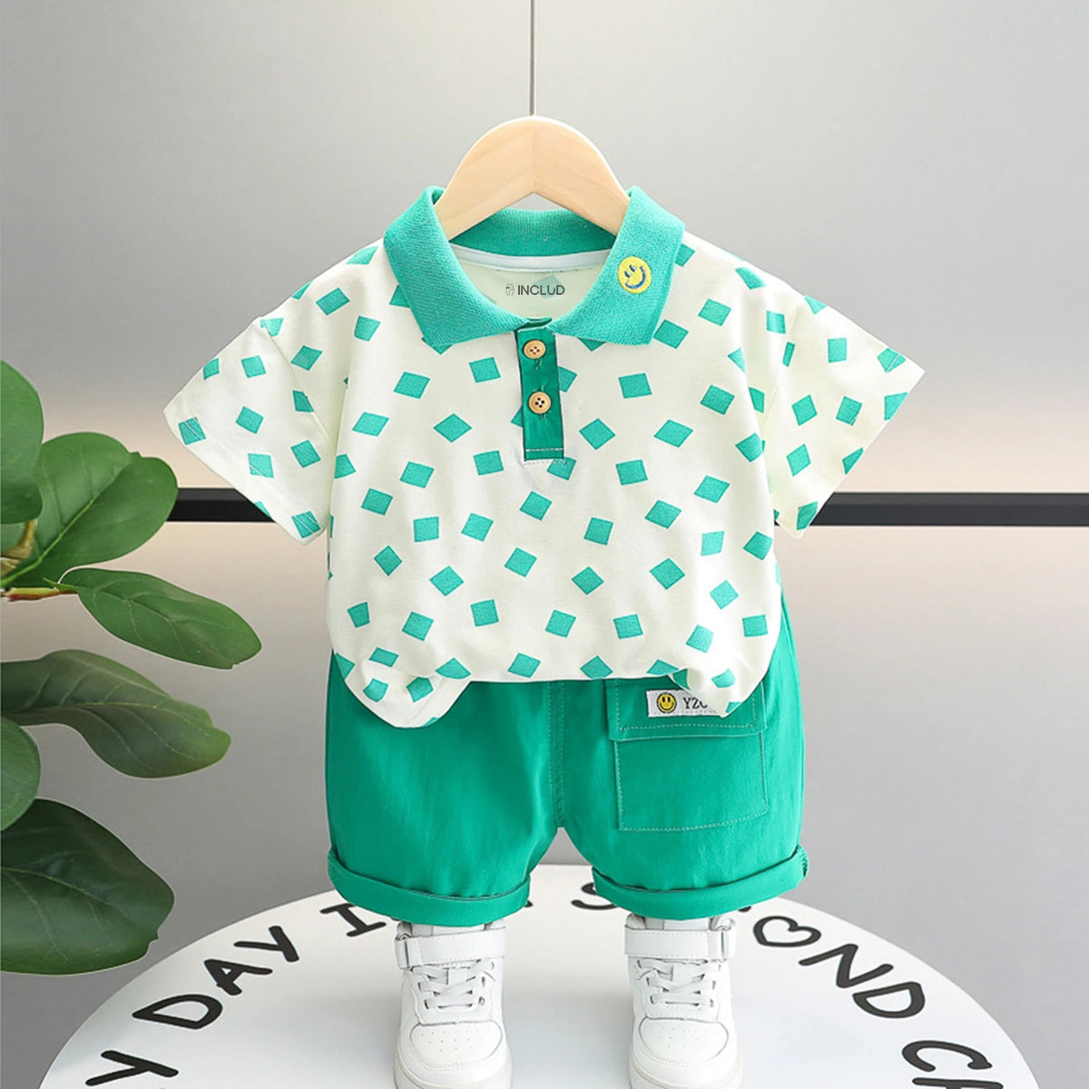 Boys Light Green Geometric Printed Short Sleeve Polo T-Shirt With Shorts Sets 2 pc. Sets Light Green 1-2 Y
