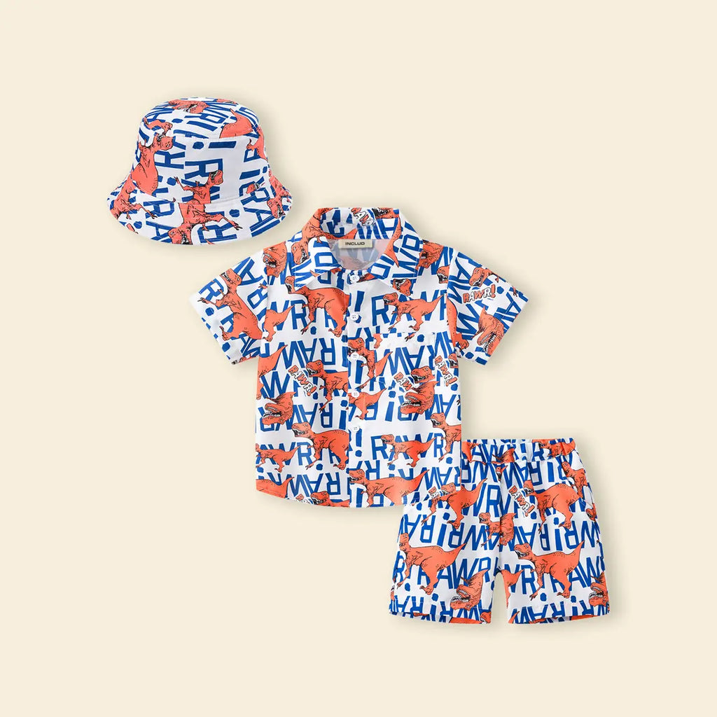 Boys Multicolor Dinosaur Print Button-Down Shirt With Shorts & Hat Co-ord Sets Sets