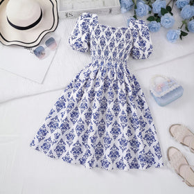 Girls Blue Damask Print Smocked Fit & Flare Dress Casual Dresses