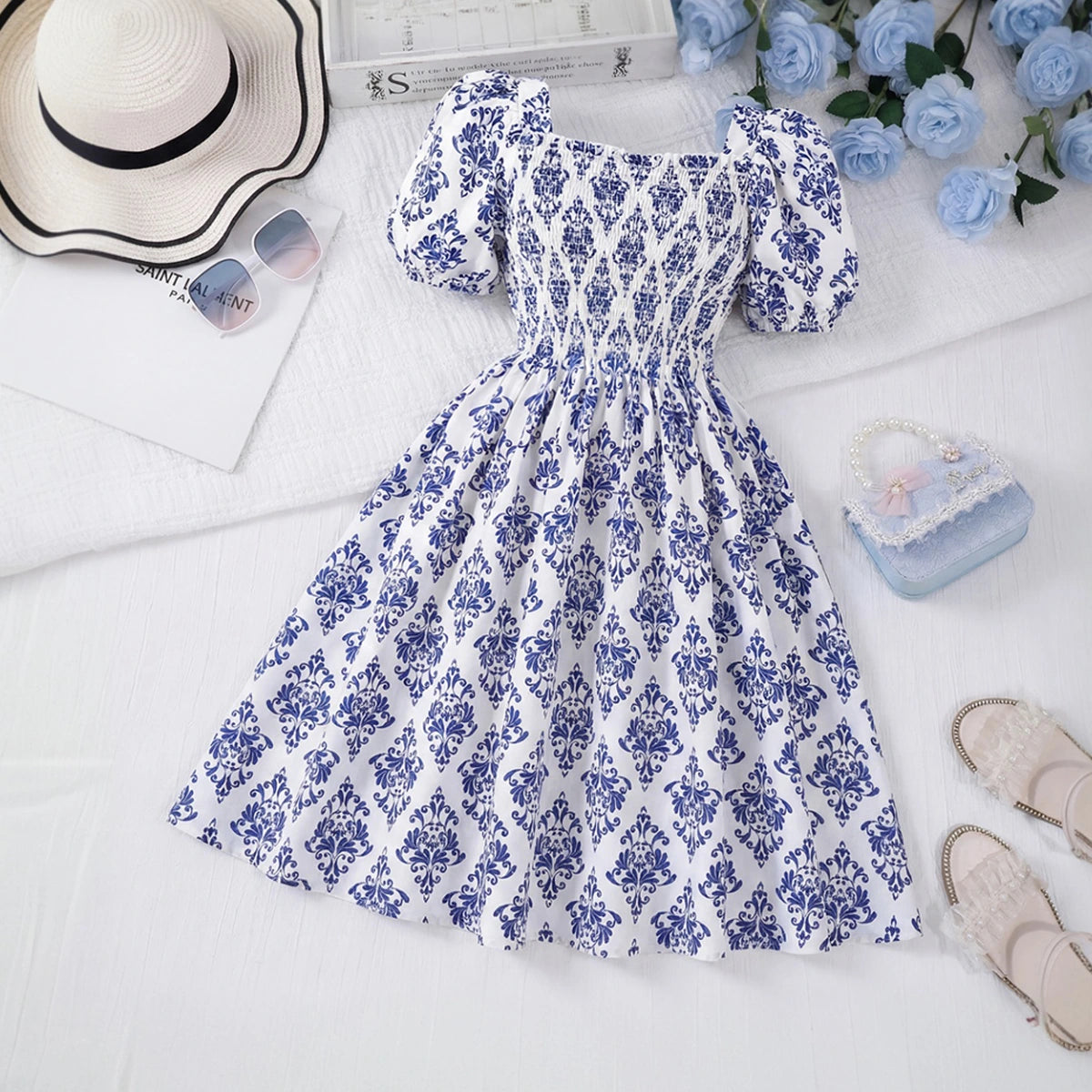 Girls Blue Damask Print Smocked Fit & Flare Dress Casual Dresses