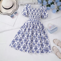 Girls Blue Damask Print Smocked Fit & Flare Dress Casual Dresses