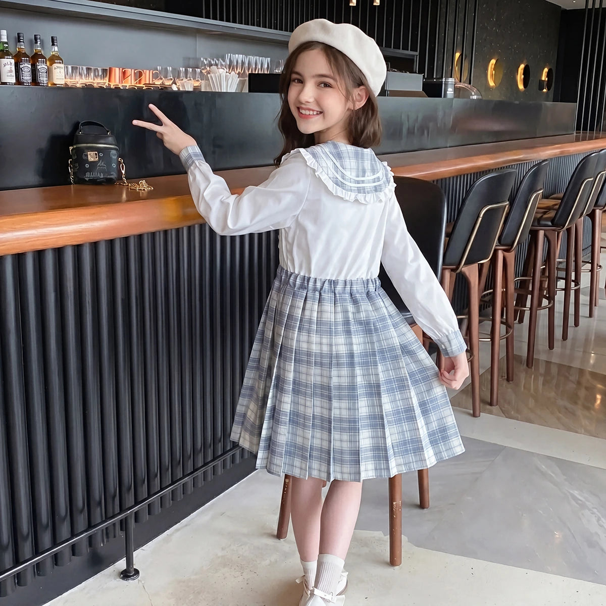 Girls Blue Checked Long Sleeve Fit & Flare Dress Casual Dresses