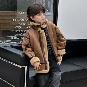 Boys Brown Faux Leather Heavy Jacket With Fleece Lining Coats & Jackets