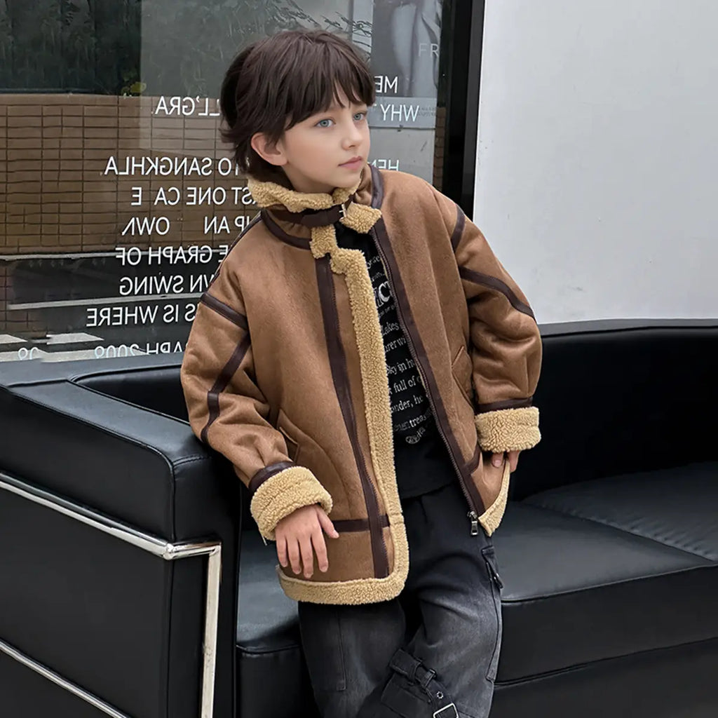 Boys Brown Faux Leather Heavy Jacket With Fleece Lining Coats & Jackets
