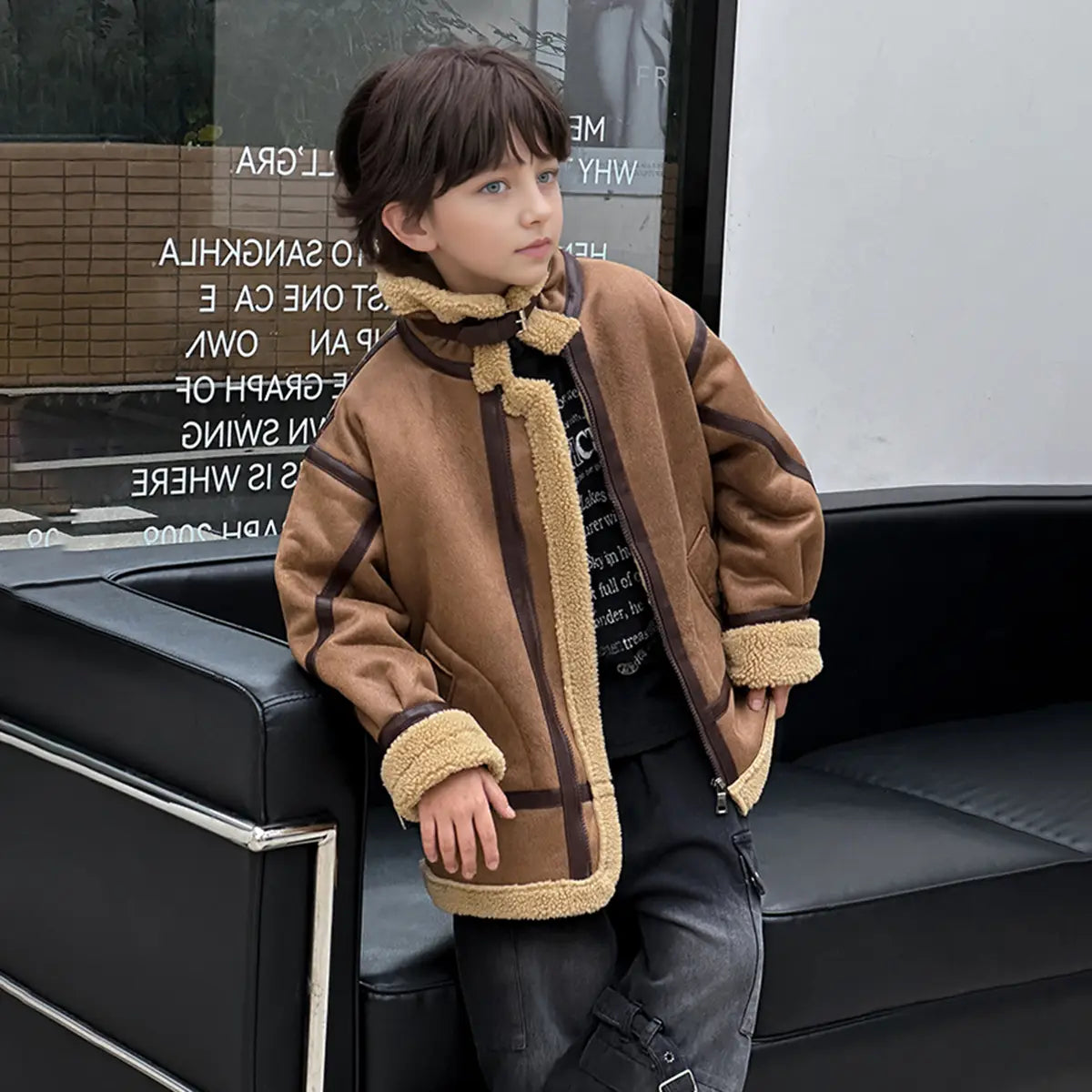 Boys Brown Faux Leather Heavy Jacket With Fleece Lining Coats & Jackets
