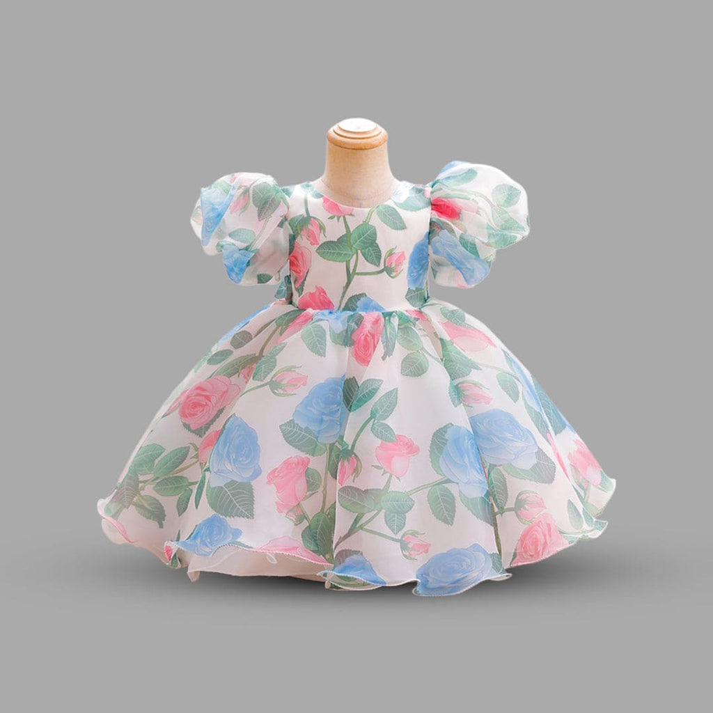 Girls Puff Sleeve Balloon Shape Printed Dress Party Dresses Blue 1-2 Y