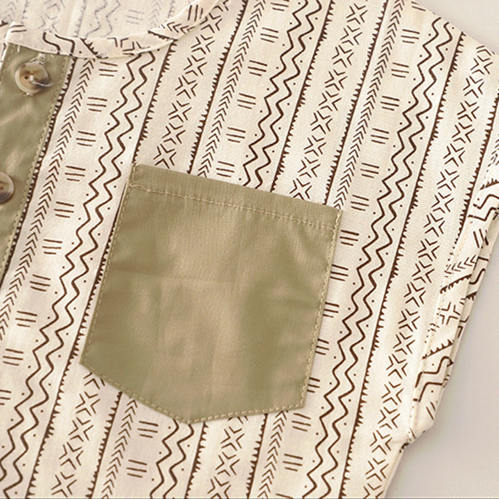 Boys Geometric Pattern Collarless Shirt With Khaki Shorts Set Sets