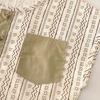 Boys Geometric Pattern Collarless Shirt With Khaki Shorts Set Sets