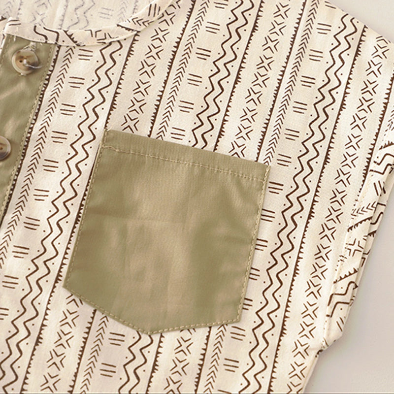 Boys Geometric Pattern Collarless Shirt With Khaki Shorts Set Sets