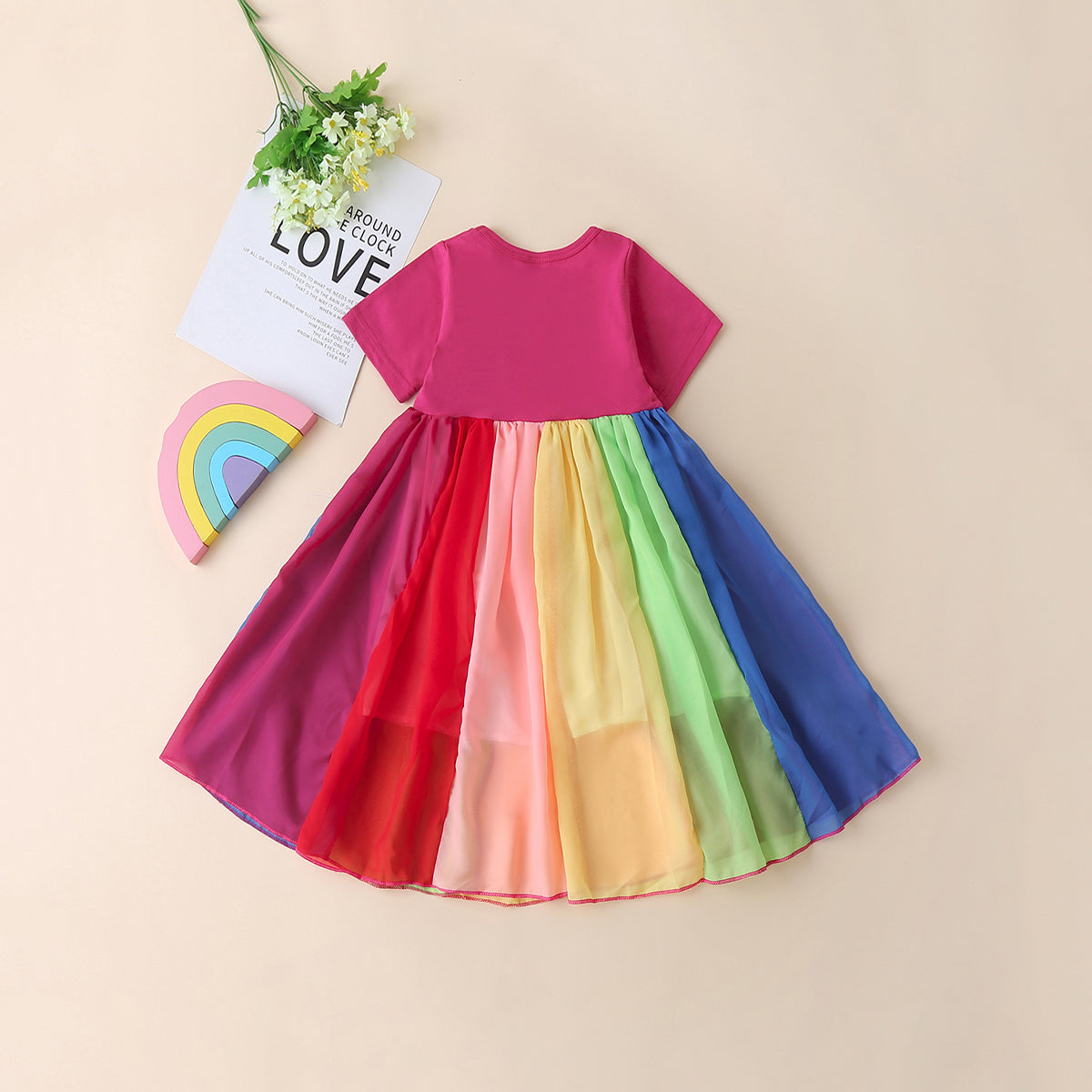 Girls Multicolor Short Sleeve Round Neck Flared Dress Casual Dresses