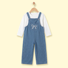Girls Blue Denim Bow Embroidered Dungaree Jumpsuits Blue 2-3 Y