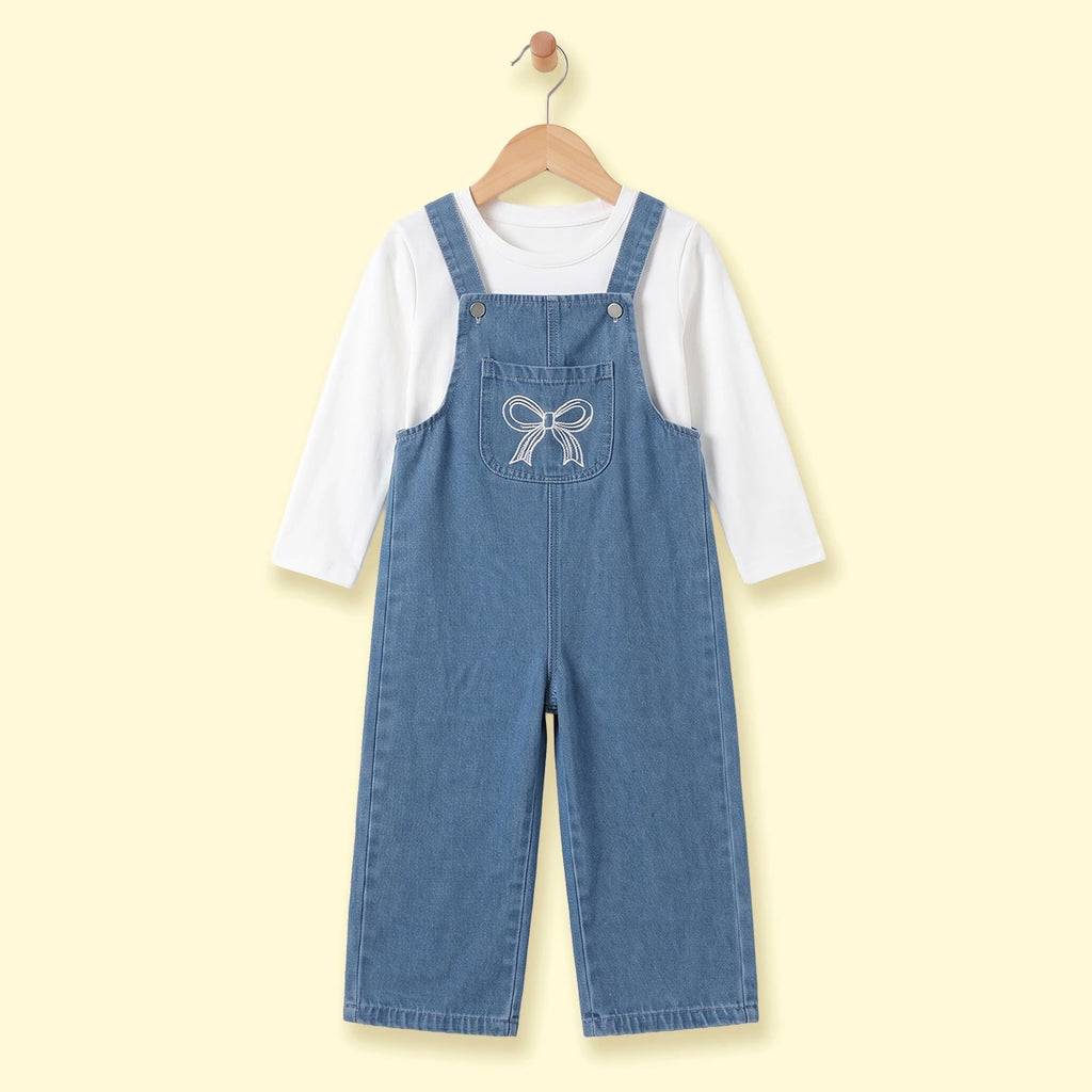 Girls Blue Denim Bow Embroidered Dungaree Jumpsuits Blue 2-3 Y