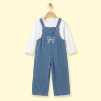Girls Blue Denim Bow Embroidered Dungaree Jumpsuits Blue 2-3 Y
