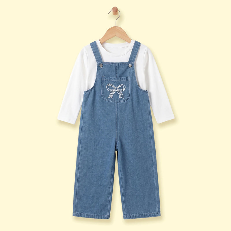 Girls Blue Denim Bow Embroidered Dungaree Jumpsuits Blue 2-3 Y