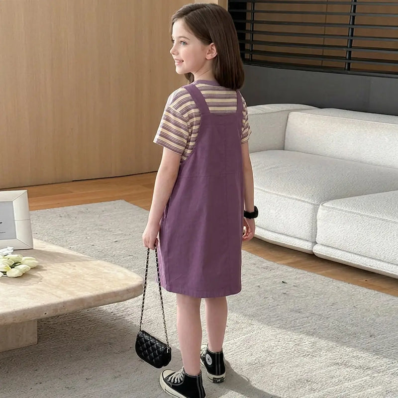 Girls Purple Smiley Pinafore Dress With Stripe T-Shirt Casual Dresses