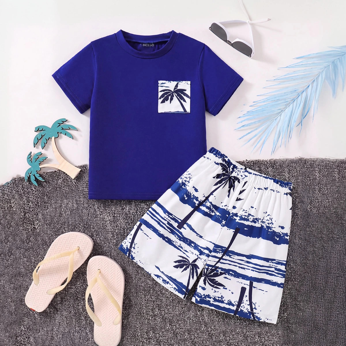Boys Royal Blue Short Sleeve T-Shirt With Tropical Print Shorts Sets 2 pc. Sets Royal Blue 3-4 Y